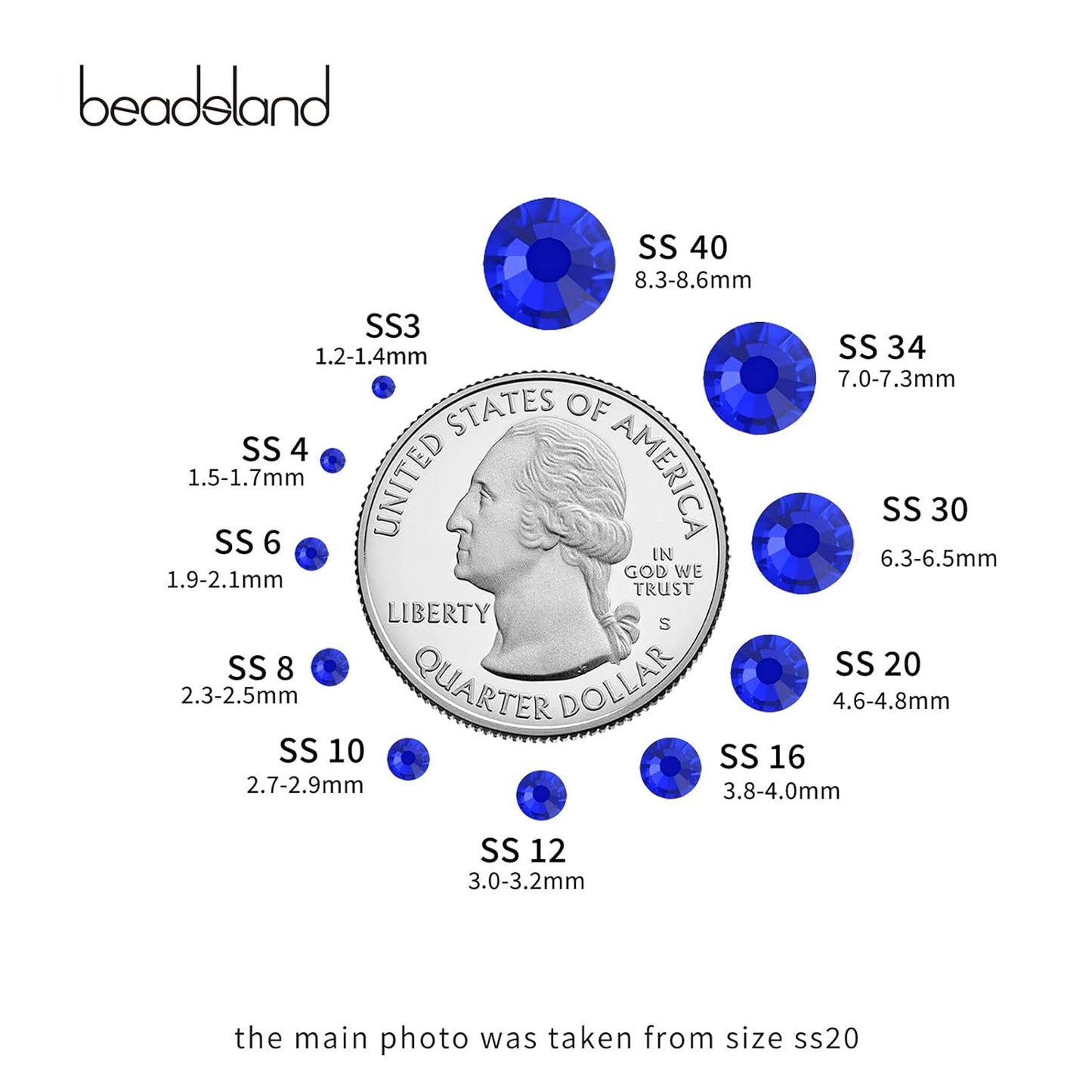 beadsland Flat Back Crystal Rhinestones Round Gems, Sapphire (1.9-2.0mm) SS6/1440pcs