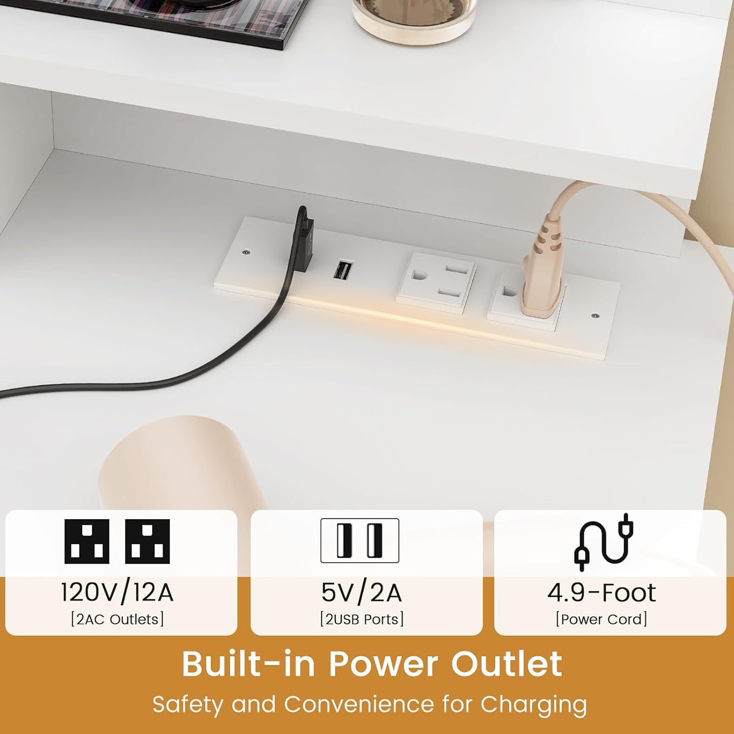 Quimoo Makeup Vanity with 10 Light Bulbs and Charging Station, Vanity Desk with Lighted Mirror & 4 Drawers, Vanity Table Set with Cushioned Stool, White