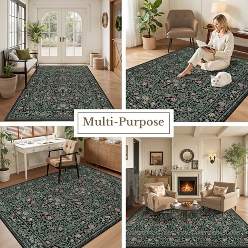 10x14 Area Rug Living Room: Soft Floral Washable Carpet Dark Green - Image 5
