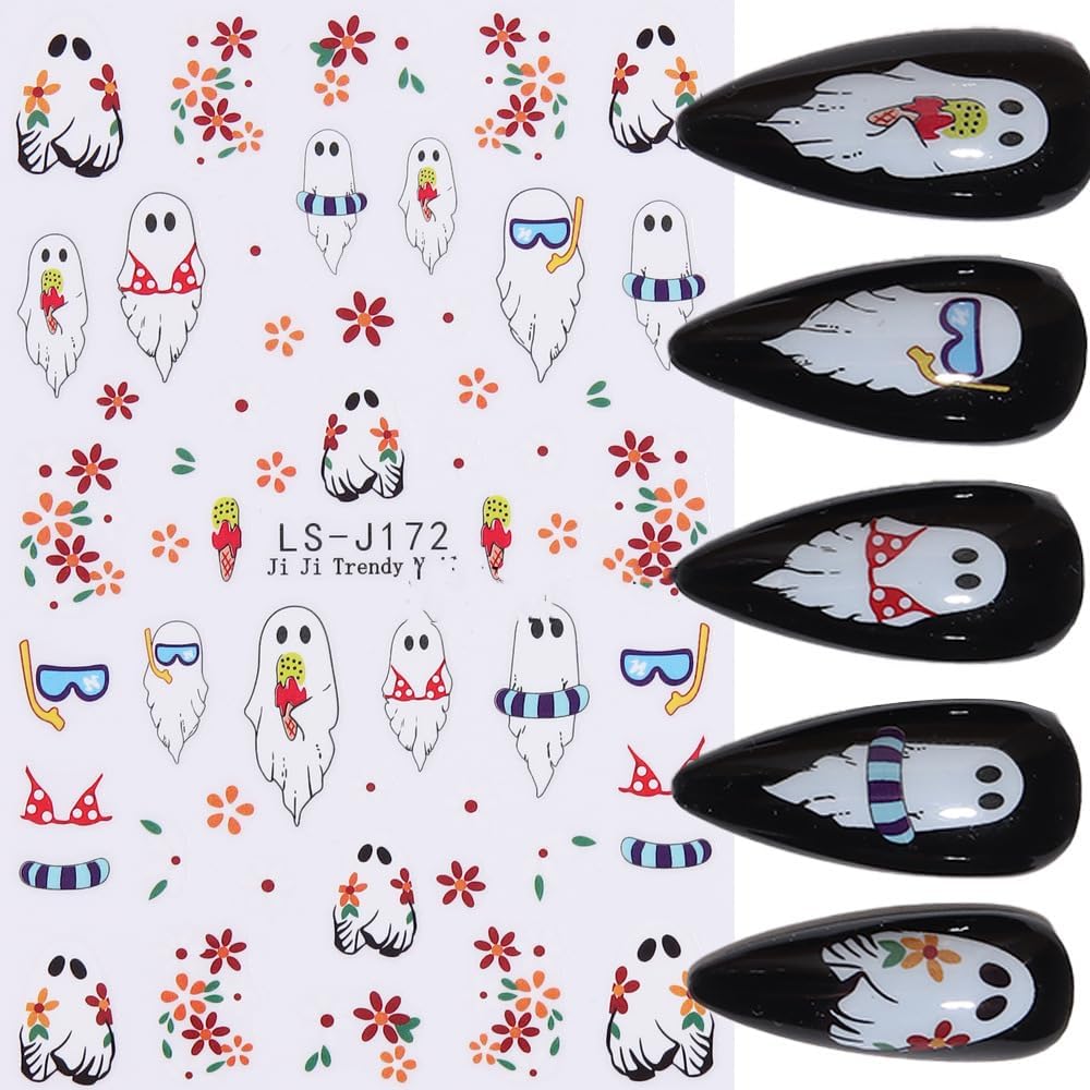 Halloween Nails Stickers Cute Ghost Nails Sticker 3D Embossed Pink Flowers White Ghost Self Adhesive Sticker Nail Decals Black Leaves Nail Art Decal Halloween Decals for Nail DIY Manicure 6Sheet