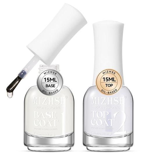 MIZHSE Base and Top Coat Nail Polish Quick Dry, 15 ml 0.5 fl oz Basic Nail Polish Non Gel Air Dry Fast, Protective High-Glossy Shiny Clear Long Lasting Nail Art Manicure at Home