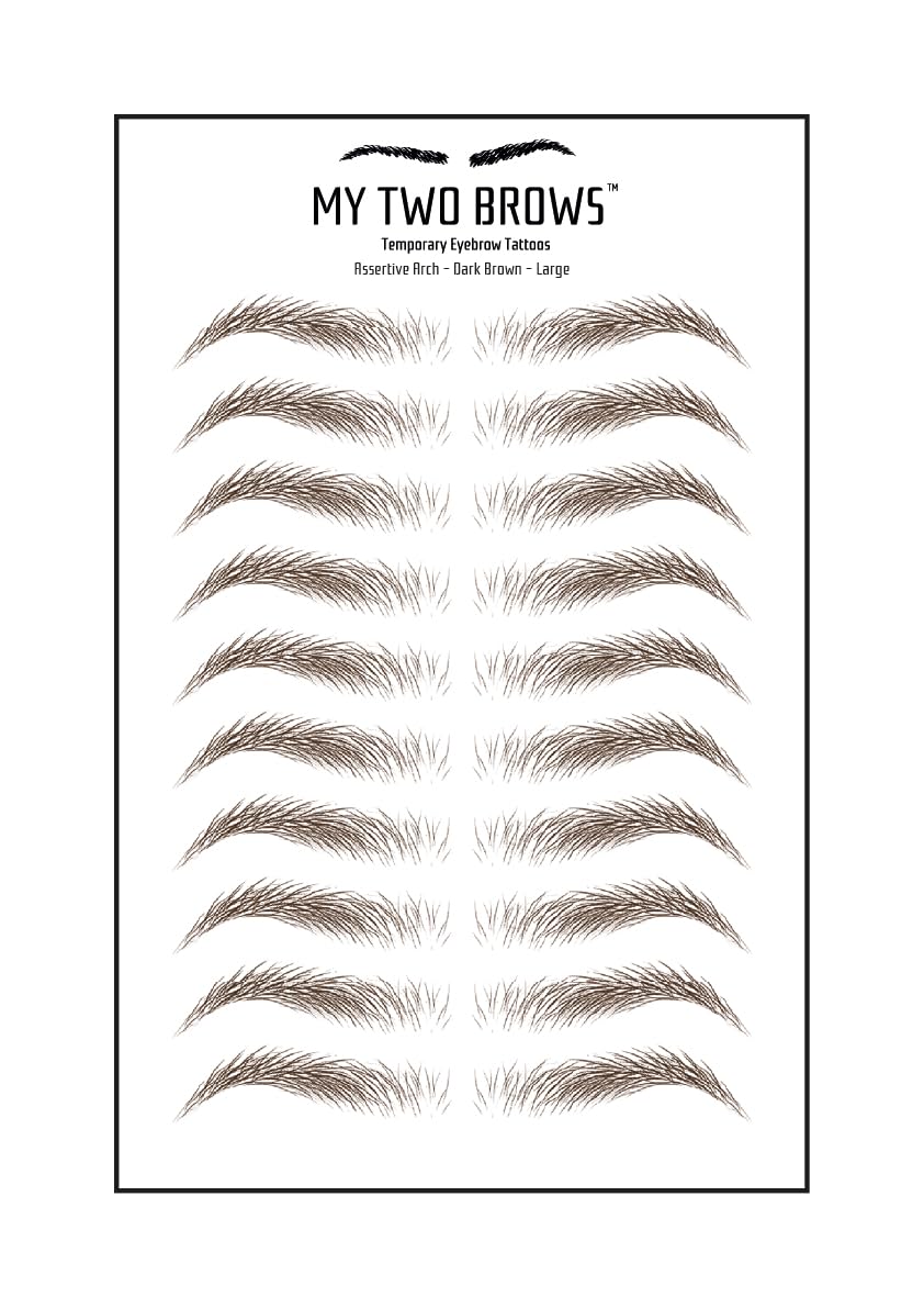 (10 pairs) Dark Brown Temporary Eyebrow Tattoo - Large Size - Waterproof & Smudgeproof - Assertive Arch Style Eyebrow Stickers - Sheet Lasts up to 30 Days - Won't Work on Existing Brows