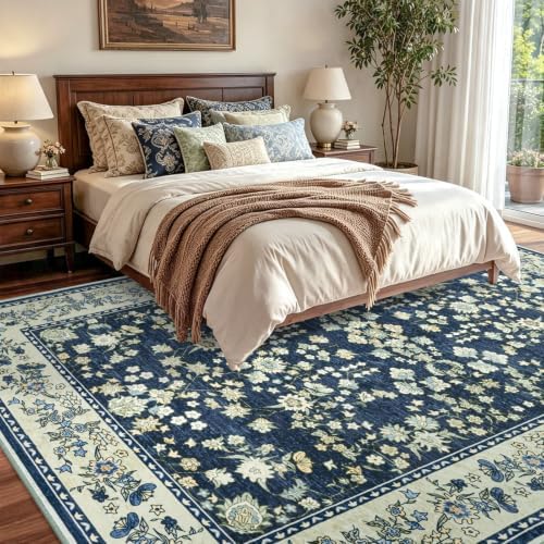 6x9 Ft Floral Area Rugs for Living Room, Non-Slip Soft Washable Carpet Blue - Image 3
