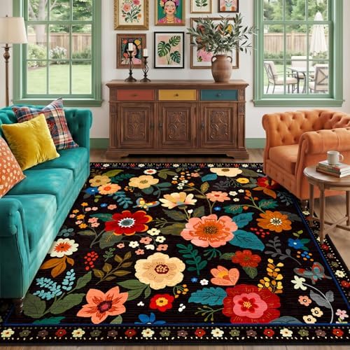 RELEANY Floral Washable Square 8ft Area Rug Black by RELEANY