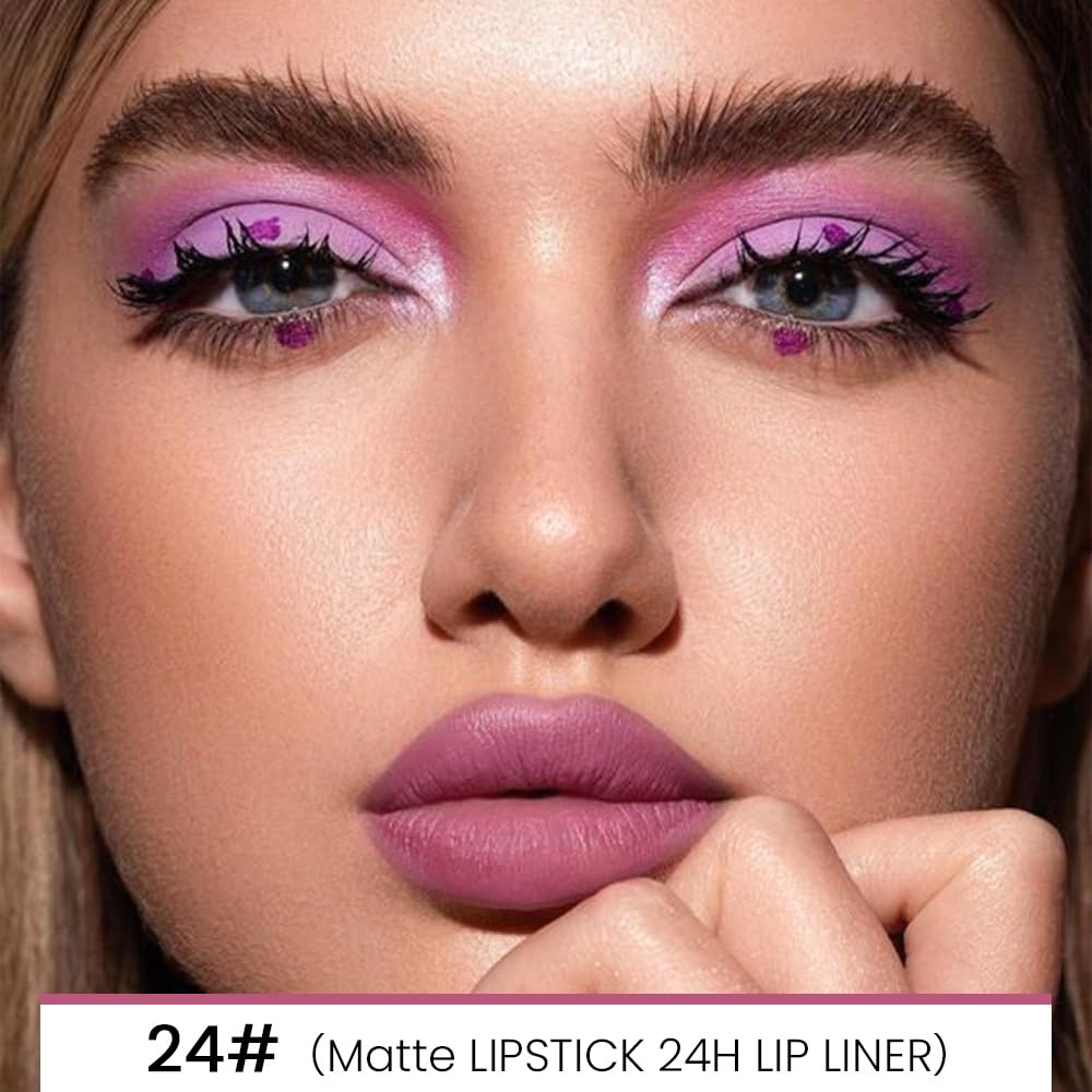 Kaely 2-in-1 Light Plum Rose Matte Lip Liner & Lipstick Combo Set Kit for Women, Magic Neutral Lipstick 24 Hours Original Lips Liner Pencil Stain Makeup Long Lasting Waterproof 24