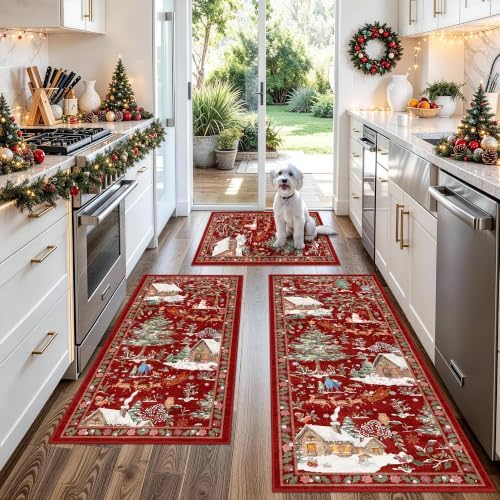 3-Piece Christmas Rug Set for Kitchen: Red Washable Throw Kitchen Mat Low Pile by BYYVOORugsforYourHome