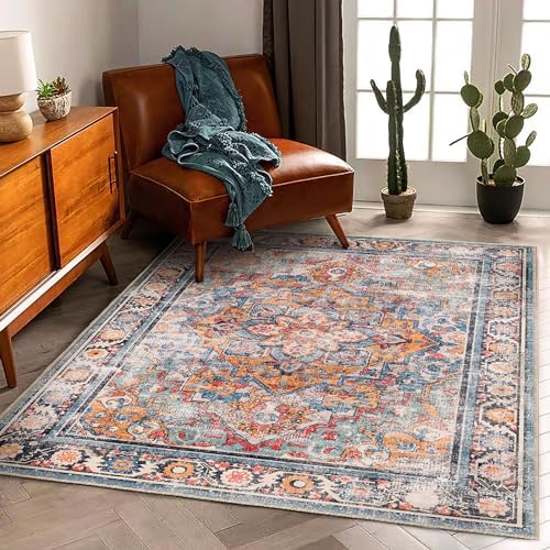 CHAMPLANT Washable Area Rug 5'x7' Retro Boho Chic Medallion Distressed Design by CHAMPLANT