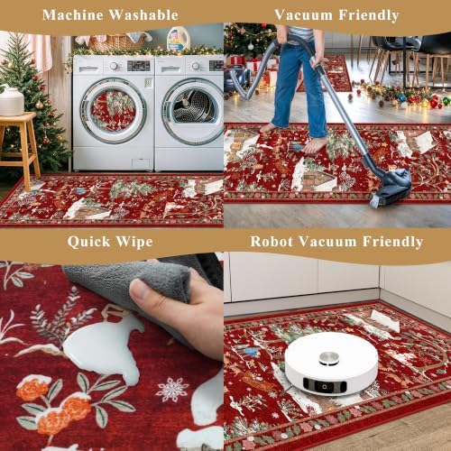 3-Piece Christmas Rug Set for Kitchen: Red Washable Throw Kitchen Mat Low Pile - Image 4