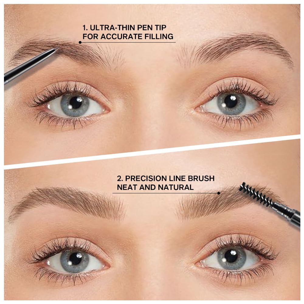 Thin Eyebrow Pencils for Women - 5 Pack Waterproof Micro Dual-Ended Ultra-Fine Tip Brow Pen & Spoolie Brush, Formula for Natural Hair Strokes, Filling, Shaping - Dark Brown
