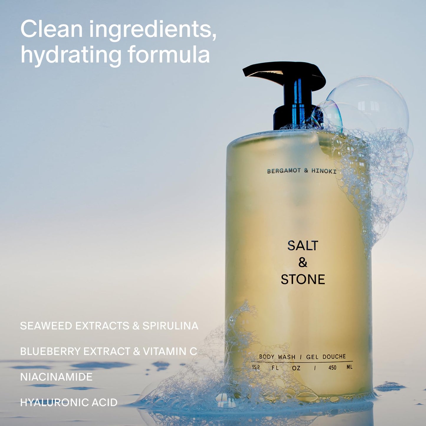 Salt & Stone Body Wash with Antioxidants for Deep Moisture | For Women & Men, Sulfate, Paraben, & Dye Free, Leaving Skin Soft and Hydrated | Bergamot & Hinoki 32 fl oz