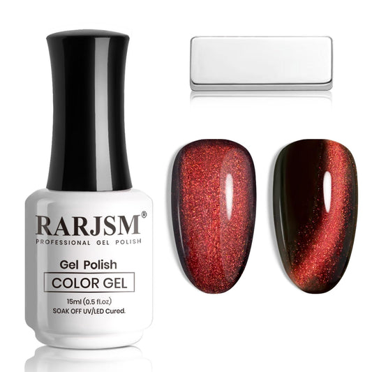 RARJSM Cat Eye Gel Nail Polish Dark Black Orange Red Cateye Diamond Glitter Gel Polish 15ml Single Bottle with Magnet Stick UV LED Curing Requires Soak Off for Home Salon Christmas Manicure