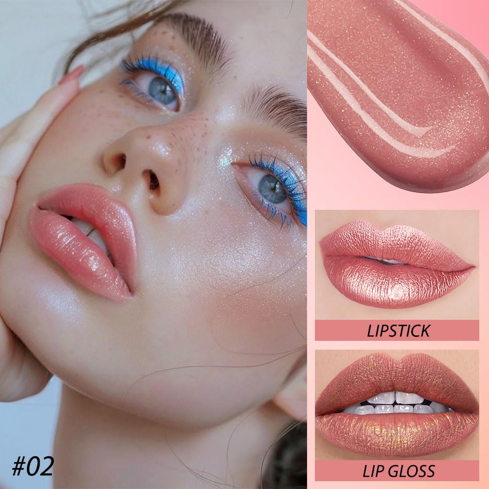 evpct 2 in 1 Rose Nude Glitter Metallic Shimmer Diamond Lipstick and Lip Gloss Set for Women Long Lasting Waterproof, Bright Rose Pink Sparkle Glitter Shiny Lipstick and Lip Liner Makeup Set, 02#