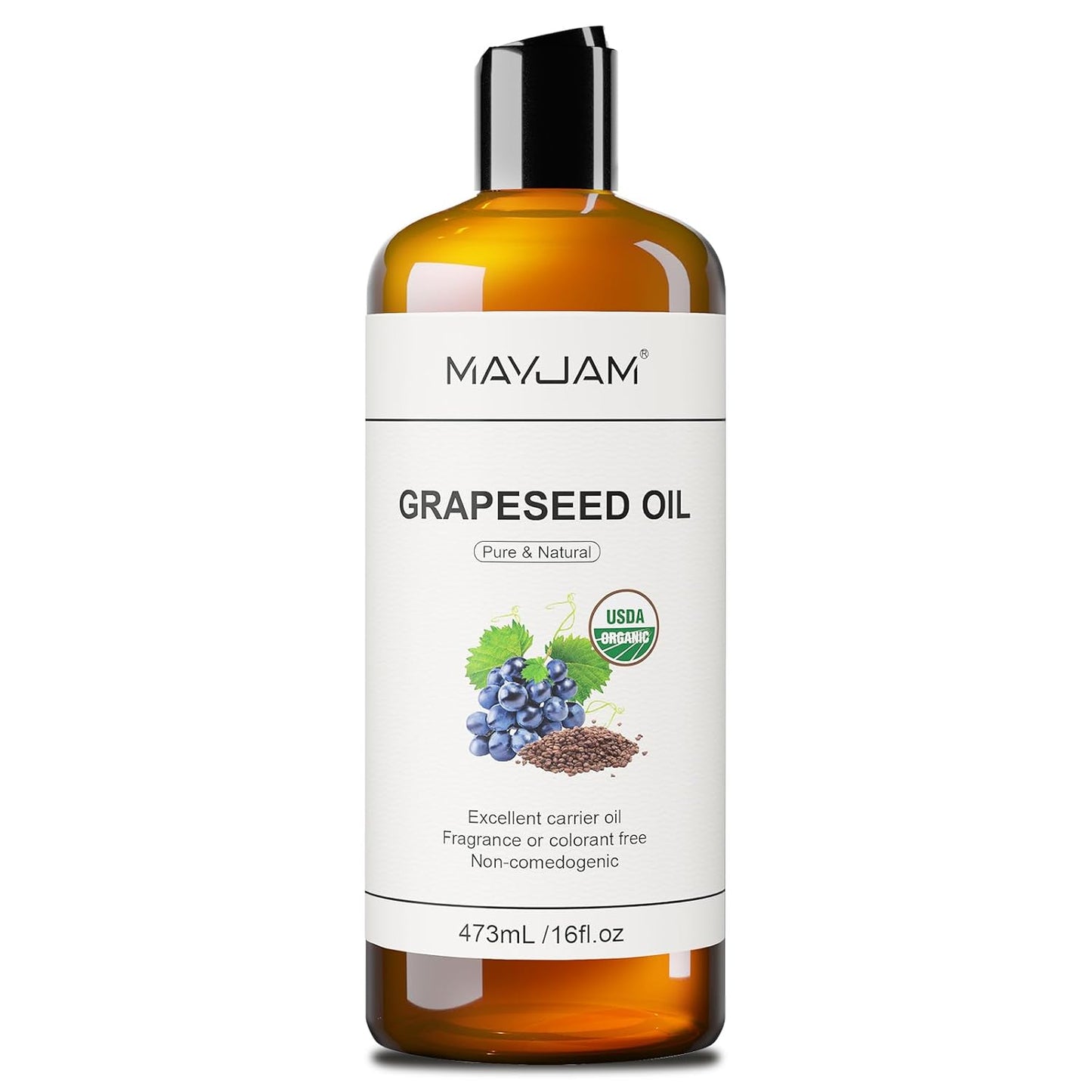 Organic Grapeseed Oil for Skin & Hair 16 oz, USDA Certified 100% Pure & Natural Grape Seed Oils, Cold Pressed Body Massage Carrier Oil for Skin Face Essential Oils Mixing, Hexane Free