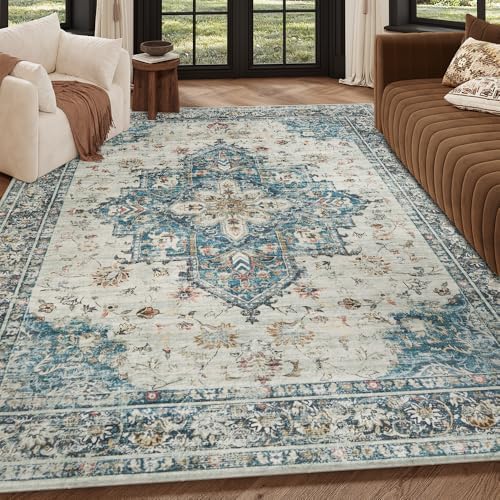5x7 Blue Washable Area Rug for Living Room, Vintage Print by Unknown