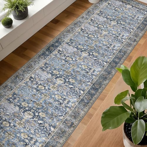 KUTA Vintage Washable Runner Rug 2.6x14 Hallway Runners Blue Grey Beige - Image 3