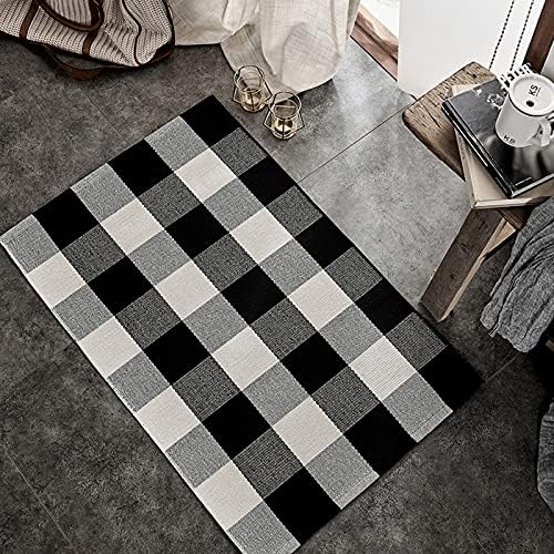 SEEKSEE Fall Decor Buffalo Plaid Outdoor Rug 2' x 3' Black and White Front Door - Image 5