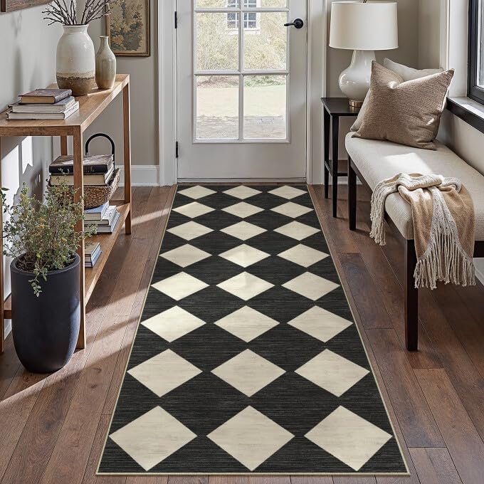 PureCozy Black 3x8 Washable Runner Rug Kitchen Non Slip Checkered Carpet by PureCozy