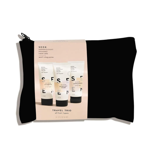 SEEN Travel Trio - Scented - Non-Comedogenic & Sulfate-Free Blow-Out Hair Cream, Shampoo & Conditioner Set- Reduces Frizz- Heat Protectant- Safe for Sensitive & Acne Prone Skin