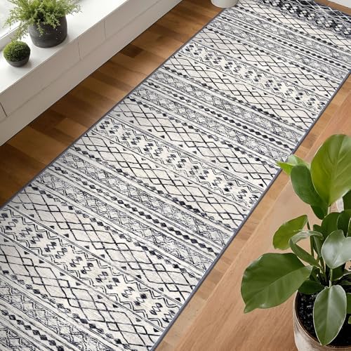 KUTA Boho Runner Rug for Hallway 2.6x16 Moroccan Washable Black Navy Blue - Image 4