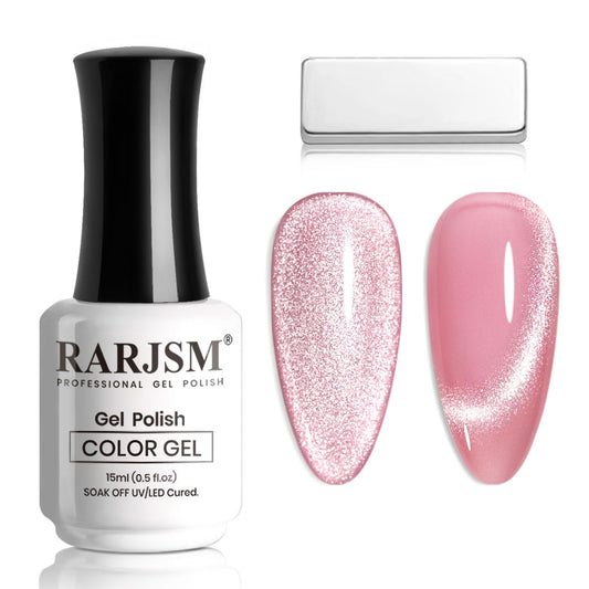 RARJSM Magnetic Cat Eye Gel Nail Polish Nude Purple Pink Silver Glitter 15ml 9D Cateye Galaxy Universal Shimmer Velvet Ice Gel Polish with Magnet Stick UV LED Curing Require Soak Off DIY Home