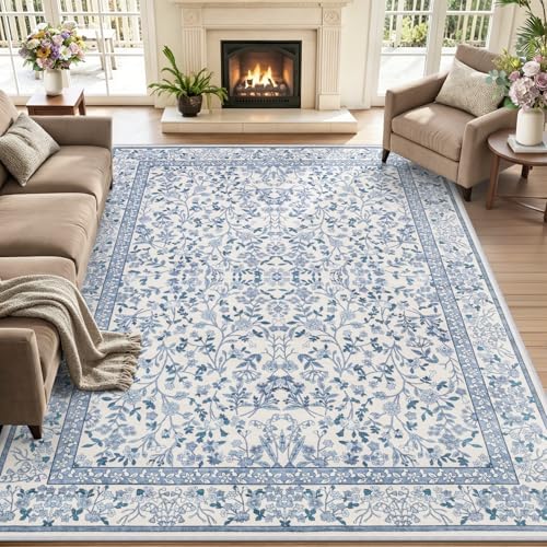 6x9 Area Rug Living Room: Soft Floral Washable Boho Carpet Blue by EXPEDIX
