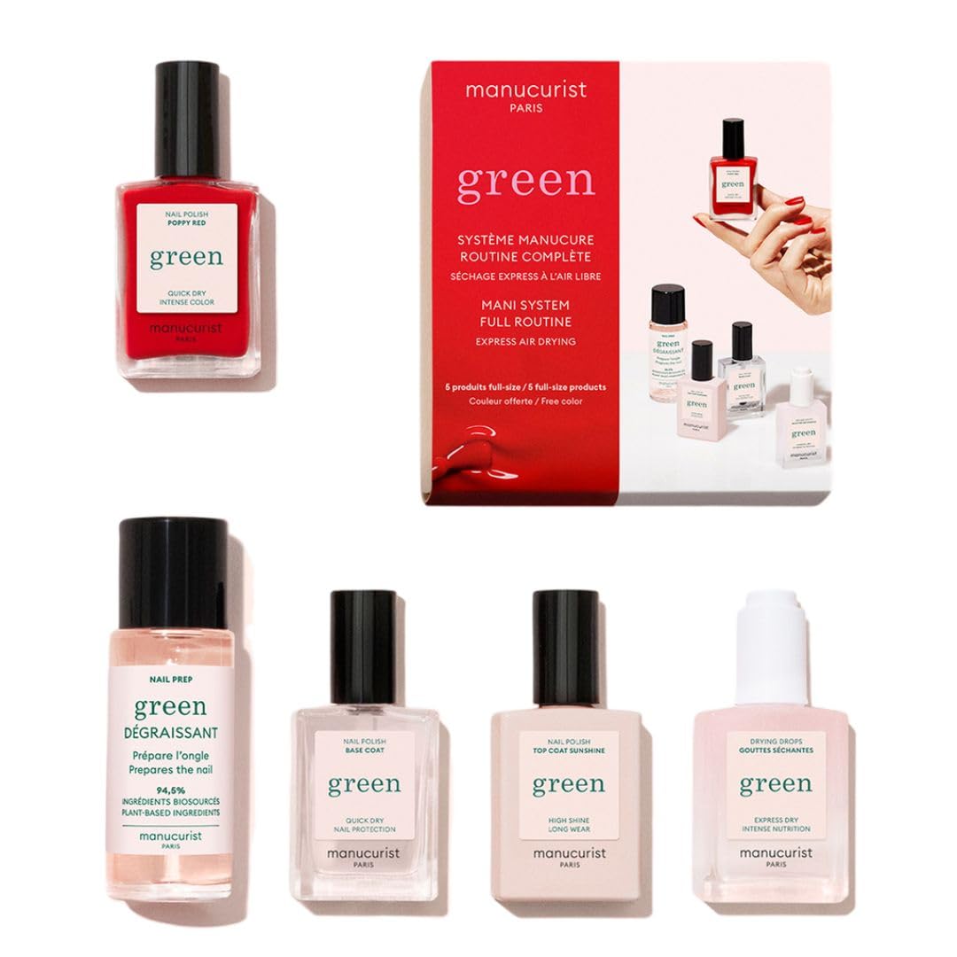 Manucurist System Green™ Red (Poppy Red) - Professional Manicure Set, Vegan & Plant-Based : 1 Nail Prep, 1 Base Coat, 1 Nail Polish, 1 Top Coat, Drying Drops- No Lamp -Beauty Gift For Woman