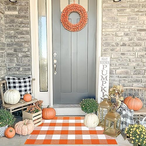 Fall Door Mat 2'4" x 3'7" Orange and White Bufflao Plaid Rug Layered Mat - Image 6