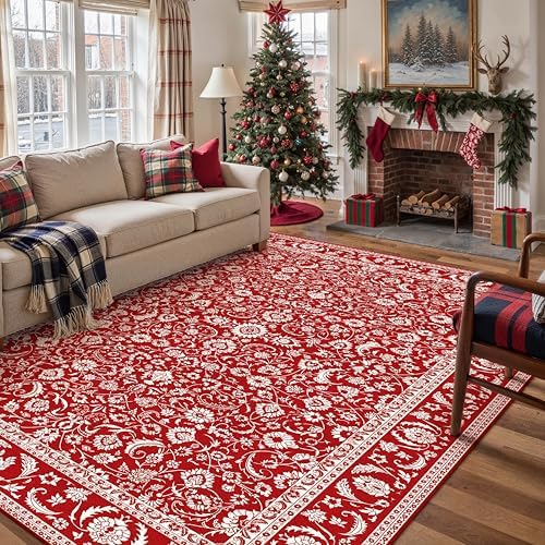 HUGEAR 6x9 Christmas Red Floral Washable Area Rug - Image 3