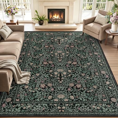 6x9 Area Rug Living Room: Soft Floral Washable Carpet Dark Green by EXPEDIX