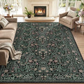 6x9 Area Rug Living Room: Soft Floral Washable Carpet Dark Green by EXPEDIX