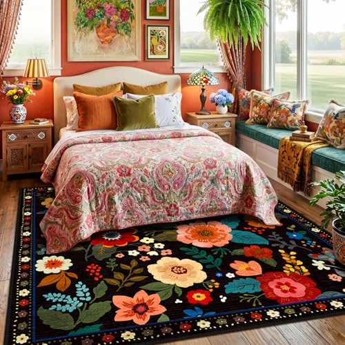 RELEANY Floral Washable Square 8ft Area Rug Black - Image 2