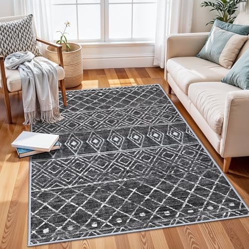 3x5 Washable Moroccan Area Rug: Ultra Soft Low Pile Non Slip Rugs Black by BYYVOORugsforYourHome