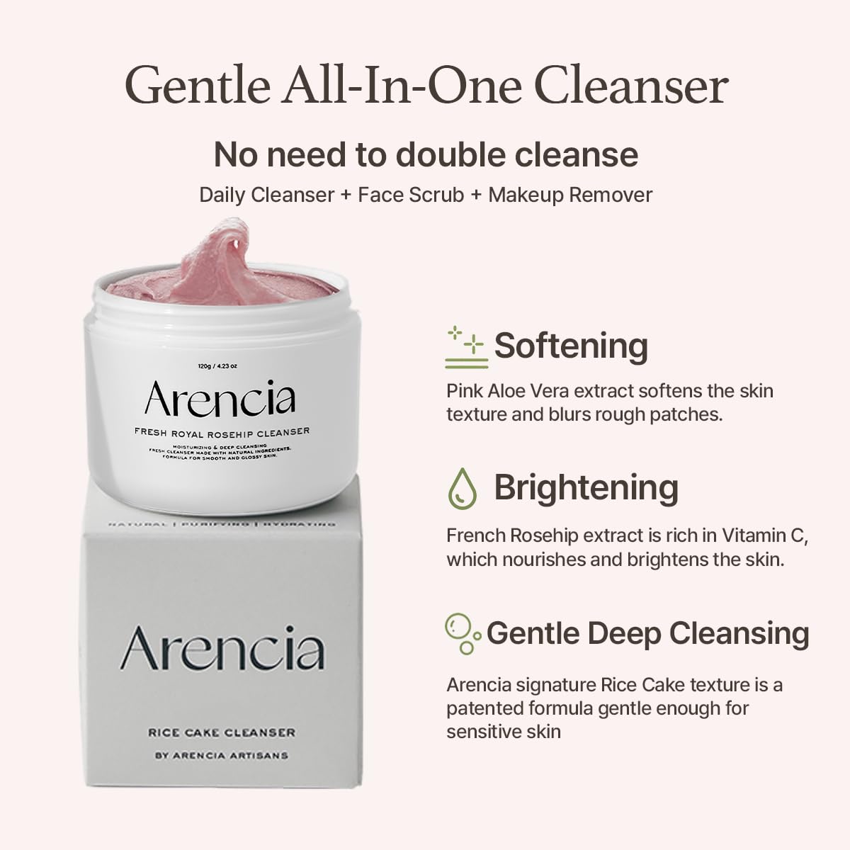 Rosehip Brightening Rice Mochi Face Cleanser & Daily Scrub - Moisturizing, Exfoliating & Deep-Cleansing - All Skin Types with Rice Powder & Rice Water (1.76oz)