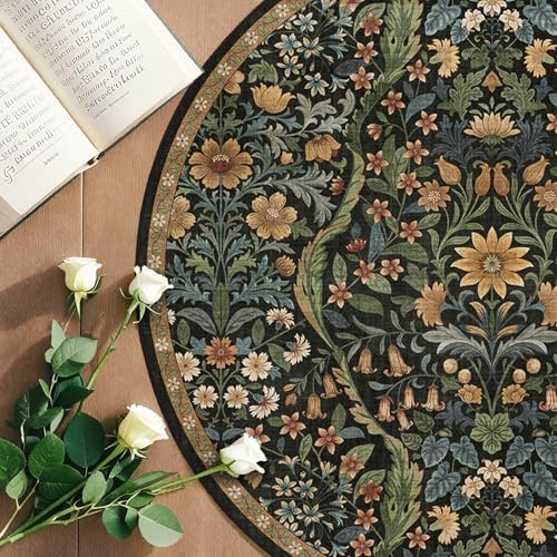 Round Rug 4ft Floral Circle Rug Brown Botanical Indoor Area Rugs - Image 4