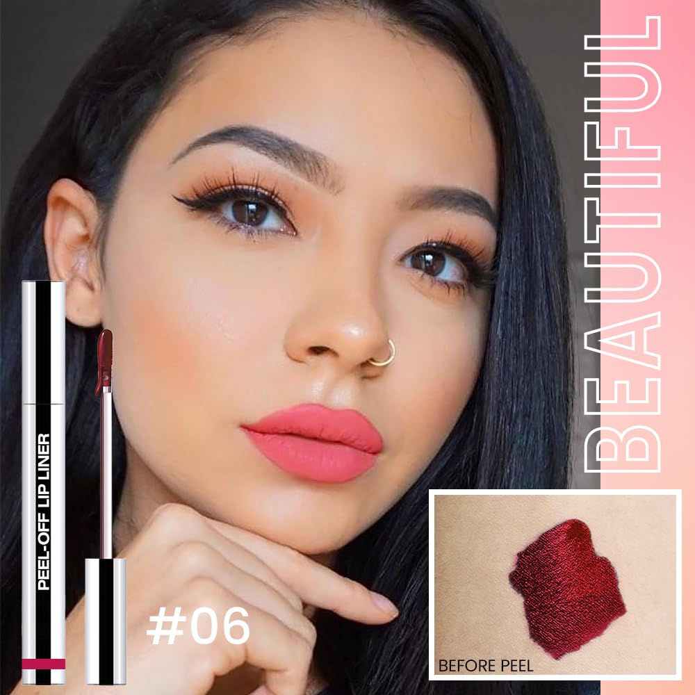 2Pcs Matte Liquid Lip Stain Peel Off Lip liner Tattoo, Matte Peel Off Lip Stain, Long Lasting Waterproof Lipstick Lip Gloss Stain, Transfer-proof for All Skin Types (0.24 fl oz-00#+06#)