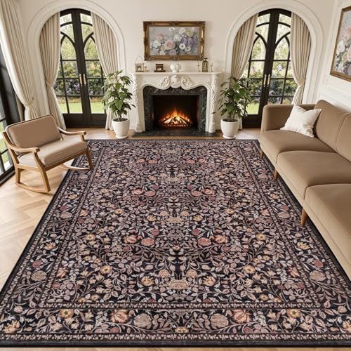 10x12 Area Rug Living Room: Soft Floral Washable Carpet Brown by EXPEDIX