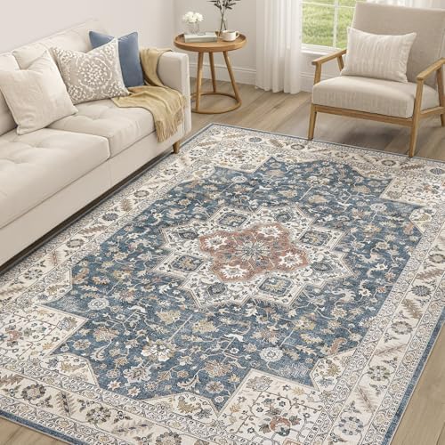 cotiled 7x9 Area Rug for Living Room, Traditional, Vintage Blue by COTILED