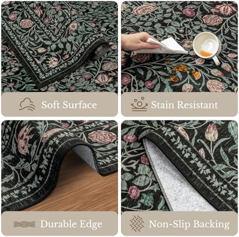 10x14 Area Rug Living Room: Soft Floral Washable Carpet Dark Green - Image 7
