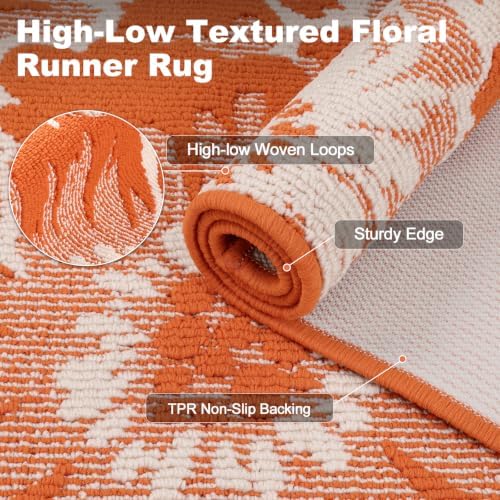 Findosom Fall Runner Rug 2x8, Non Slip High-Low Textured Floral Washable Runner - Image 2