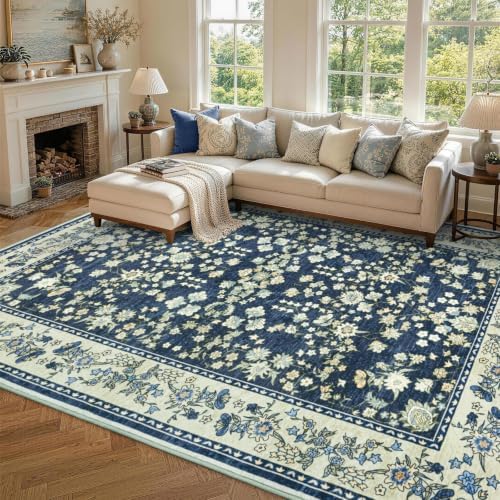 6x9 Ft Floral Area Rugs for Living Room, Non-Slip Soft Washable Carpet Blue - Image 2