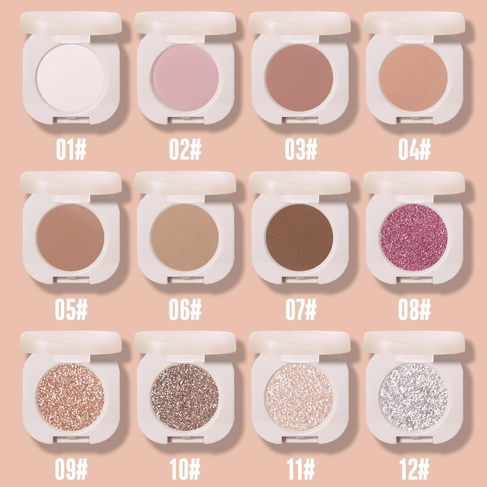 Monochrome Glittler Shimmer Eyeshadow Palette,Silver Gray White Shimmer Powder Eyeshadow,24 Hour Waterproof Pressed Glitter Single Eye Shadow Apply Makeup Easily