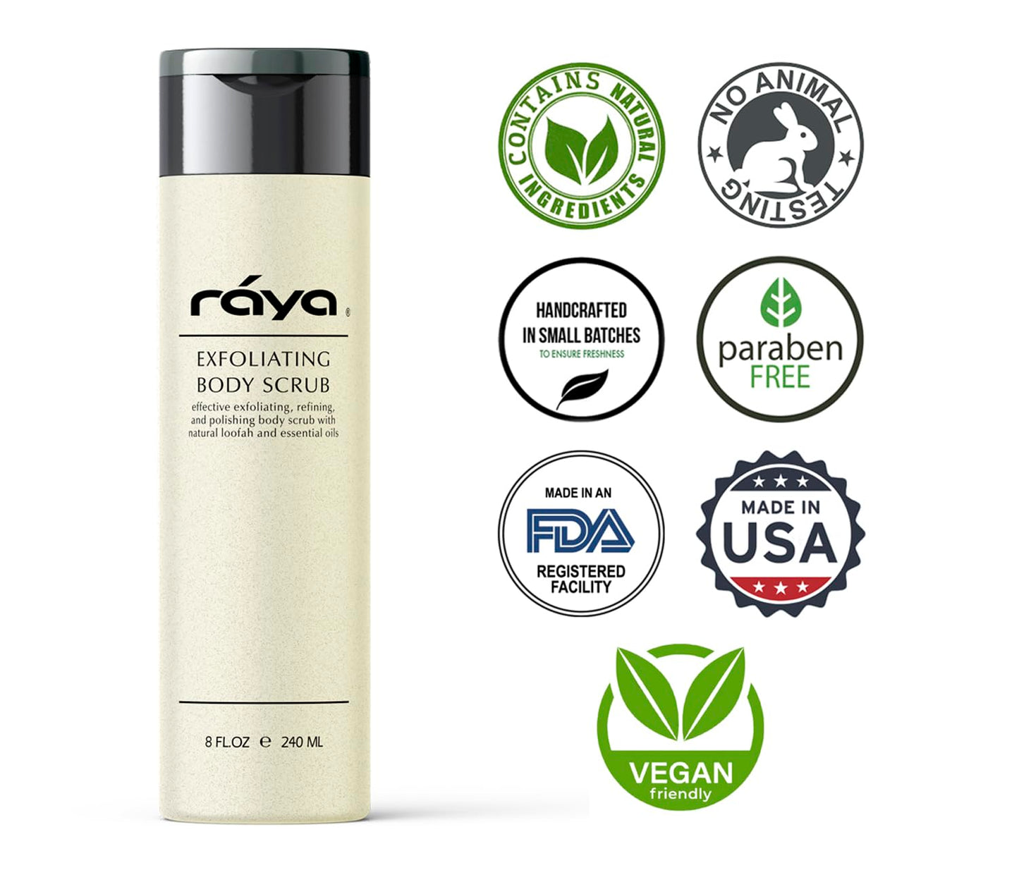 RAYA Exfoliating Body Scrub 8 oz (S-103) | Exfoliating, Refining, and Polishing Body Scrub | Made with Natural Loofah and Essential Oils | Relieves Ingrown Hairs