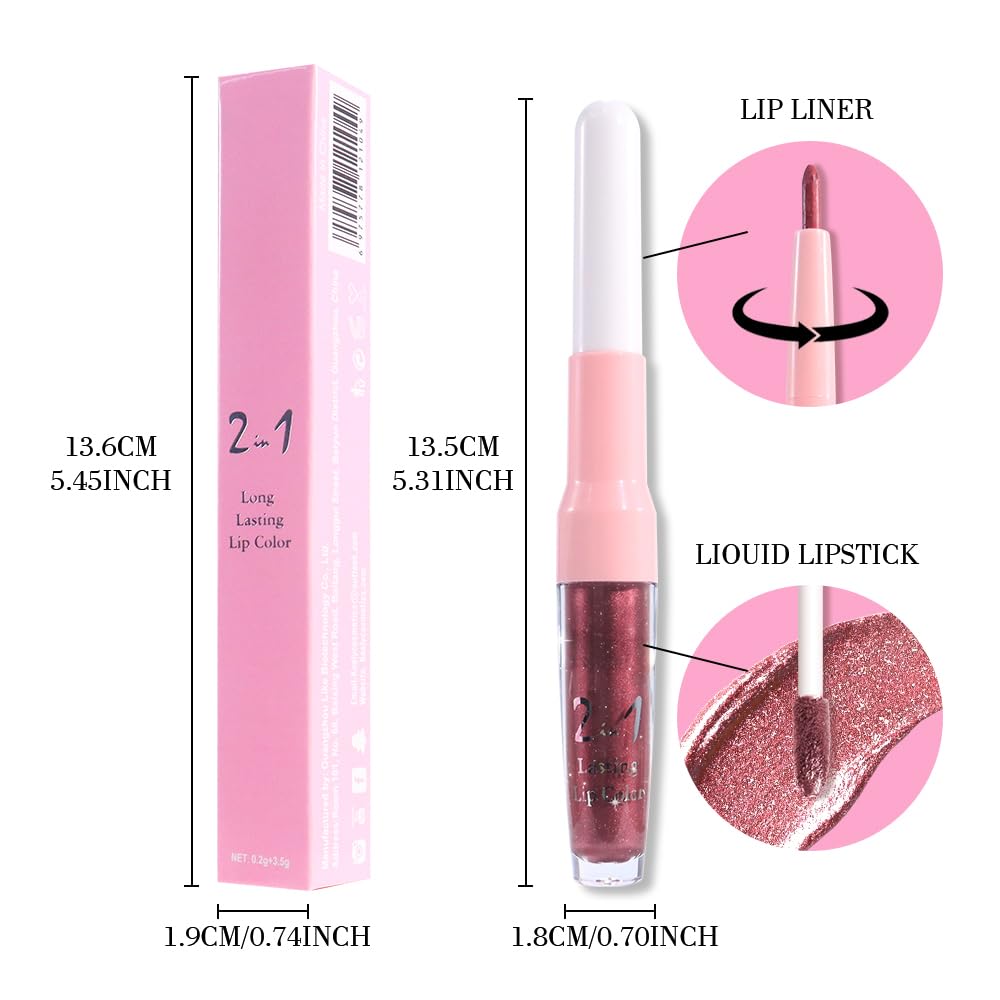 evpct Dark Wine Red Metallic Glitter Lip Liner and Lipstick Combo Lip Gloss Stain Set Makeup for Women Long Lasting Waterproof 24, Mauve Plum Frosted Metallic Shimmer Glossy iridescent Liquid Lipstick