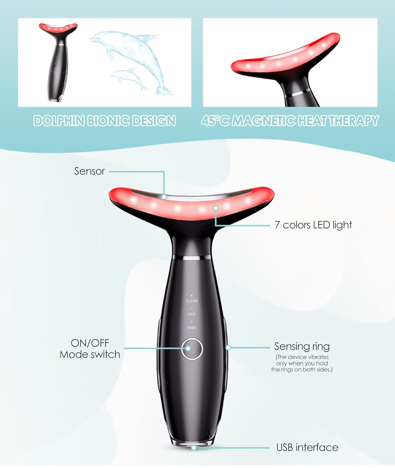 7 Color Neck Face Massager - Facial Massager Tool for Skin Care at Home, Vibrating Face Massager with Thermals, Galvanic Machines Black