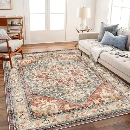 CHAMPLANT Washable Area Rug 10'x14' Red Khaki Retro Flowers Boho Design - Image 2