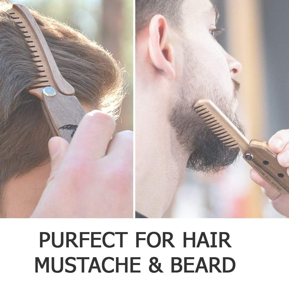 Beard Comb for Men Pocket Folding Combs for Mustache & Hair Travel Natural Wooden Comb with Real Man Engraving - Perfect for Use w/Beard Balm Oil (Wavy Half Skull) (Model WV)