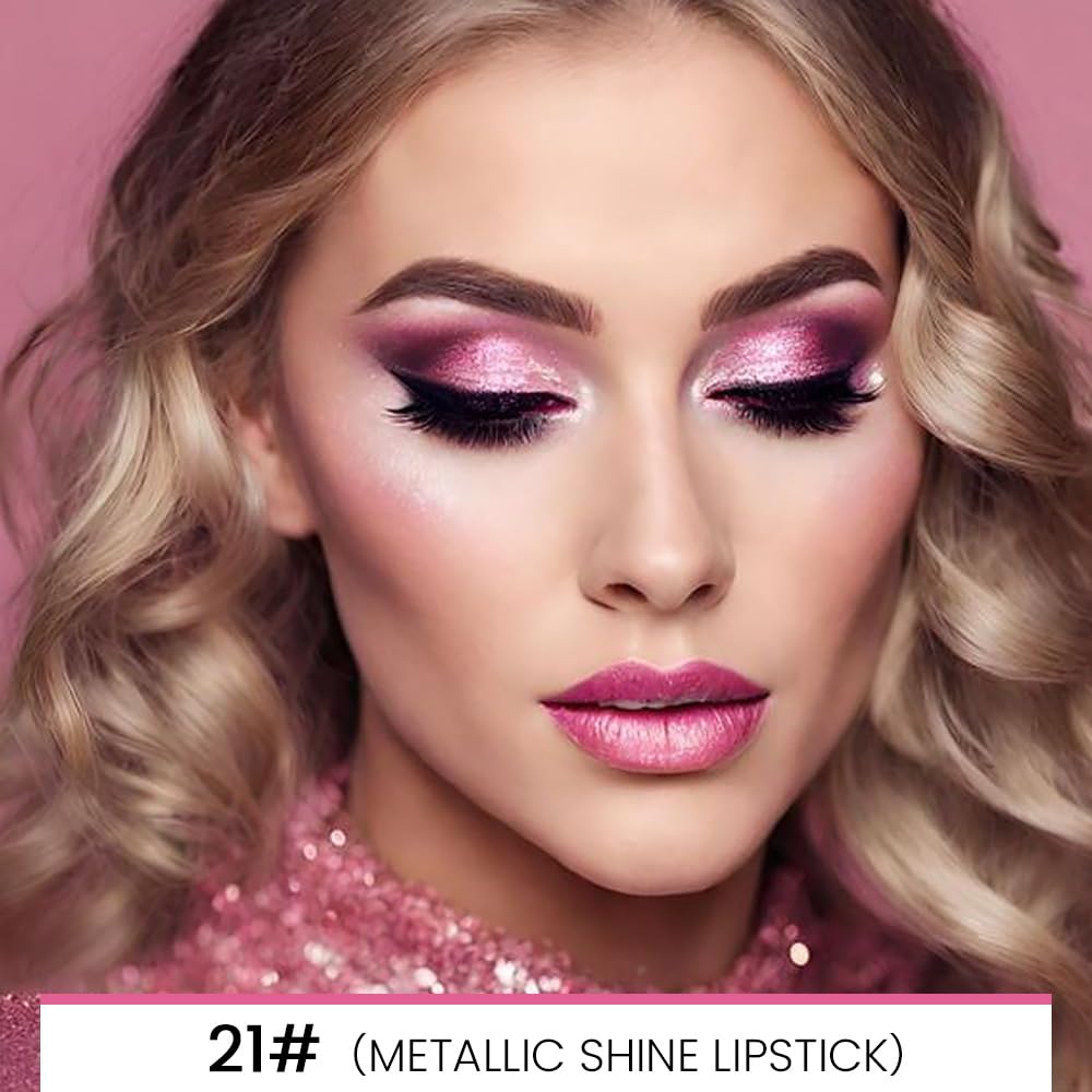 Kaely 2-in-1 Rose Pink Metallic Shine Shimmer Lip Liner & Lipstick Combo Set Kit for Women, Lightweight Hydrating Formula High Impact Full Coverage Lipstick and Lip Liner Makeup Stains Gloss 21