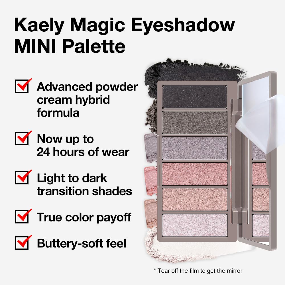 6 Colors Travel Eye Shadow Palette Makeup, Black Dark Smoky Grey Nude Pink Rose Champagne Gold Pearl White Sparkly Shimmer Glitter High Pigment Mini Eyeshadow Palette for Older Women, Built in Mirror