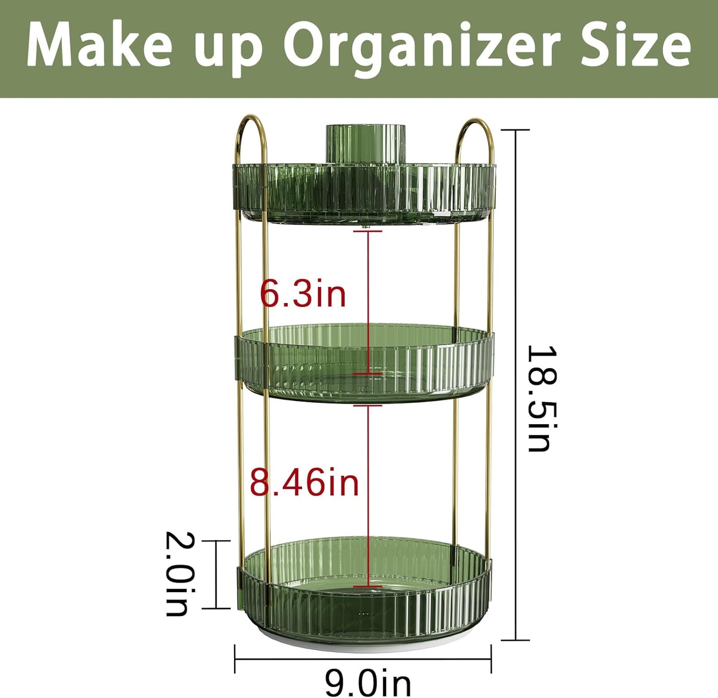 Rotating Makeup Organizer for Vanity, High-Capacity Skincare Clear Make Up Storage Perfume Organizers Cosmetic Dresser Organizer Countertop 360 Spinning (Green, New-3 Tier)