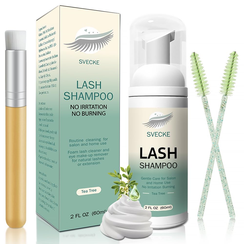 Lash Shampoo Kit Eyelash Extension Cleanser, Eyelash Shampoo for Lash Extensions, Lash Cleaner Eyelid Foam Cleaning Kit for Salon Home Use (Tea Tree)